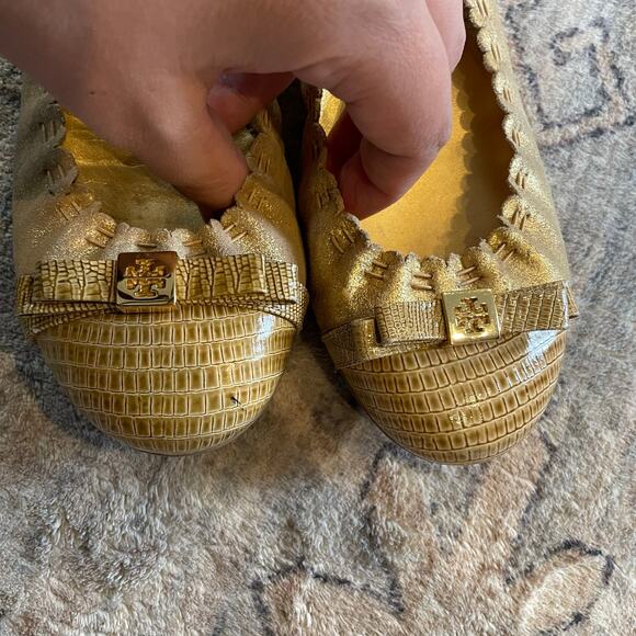 Tory Burch Romy Tan & Gold Cap Toe Leather Ballet Flats Shoes SZ 7.5 Classic EUC - Picture 2 of 11